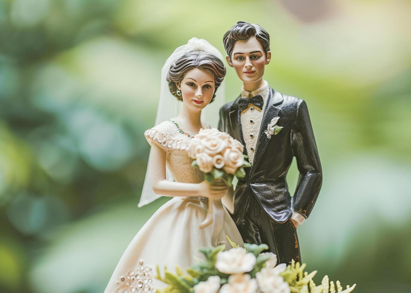 ai generiert Braut und Bräutigam Hochzeit Kuchen Topper Figuren foto