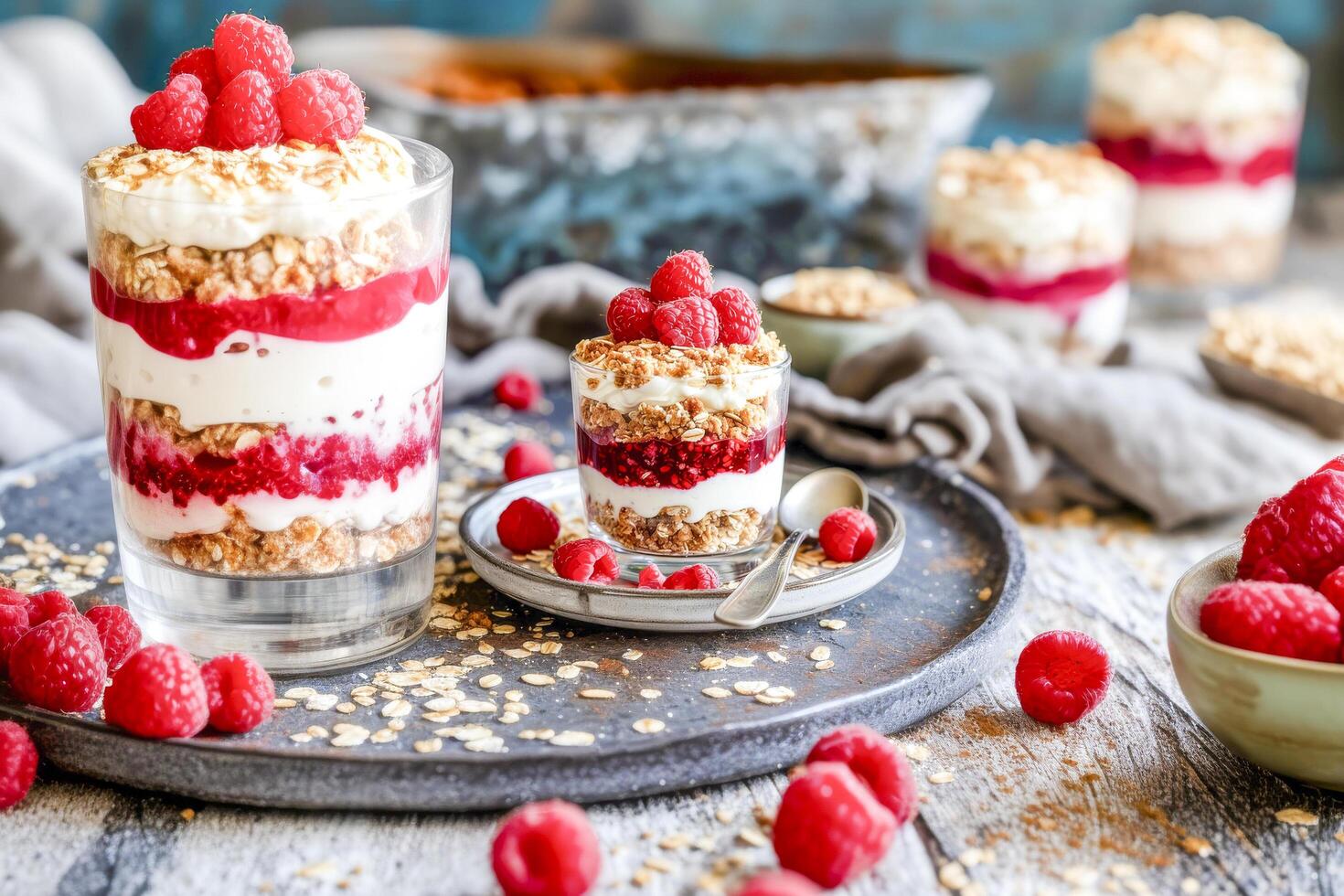 ai generiert geschichtet Himbeere Joghurt Parfait im Glas foto