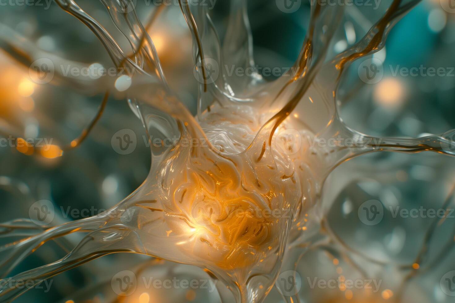 ai generiert ein Nahansicht Aussicht von ein abstrakt neural Netzwerk, präsentieren ein kompliziert Muster von synaptisch Verbindungen mit ein zentral glühend Knoten. foto