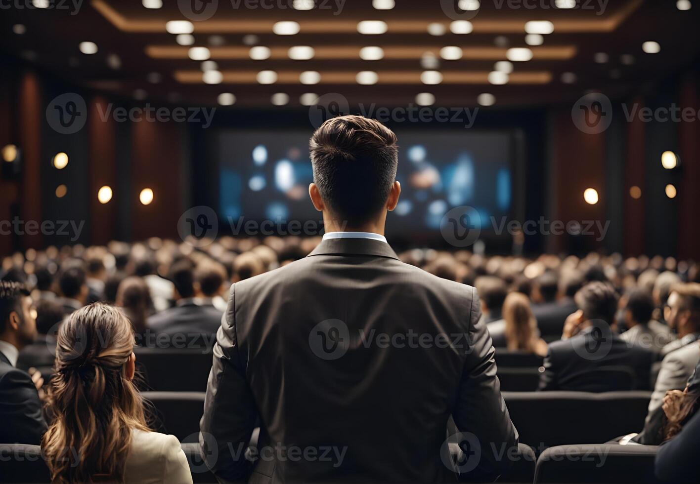 ai generiert Geschäft Führer Adressierung Konferenz Publikum foto