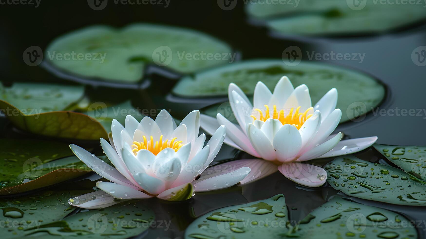 ai generiert still Wasser Lilien mit Regentropfen heiter Teich Natur Schönheit foto