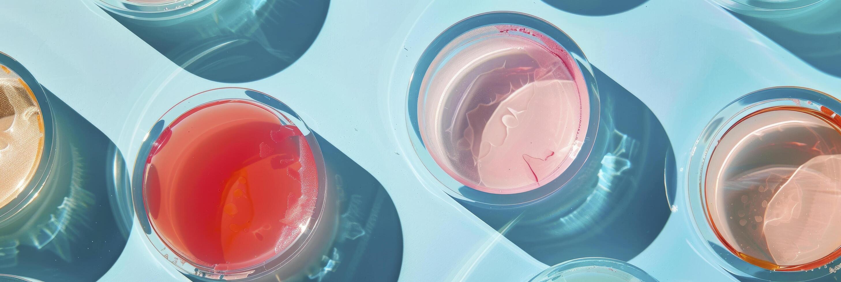 ai generiert erkunden Schönheit Wissenschaft, Gel kosmetisch Proben vorgestellt im Petri Gericht gegen Blau Hintergrund, Gießen auffällig schwer Schatten foto