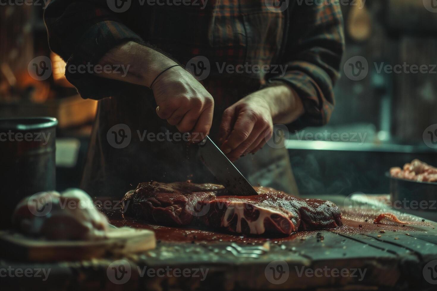 ai generiert Metzger Schneiden Fleisch auf ein Hacken Tafel mit ein Messer im seine Hände foto