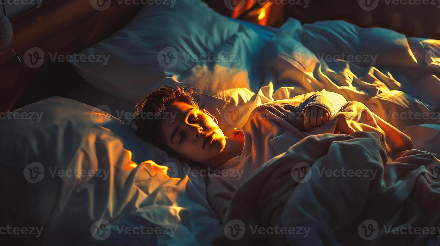 ai generiert jung Mann Schlafen im Bett im das Morgen foto