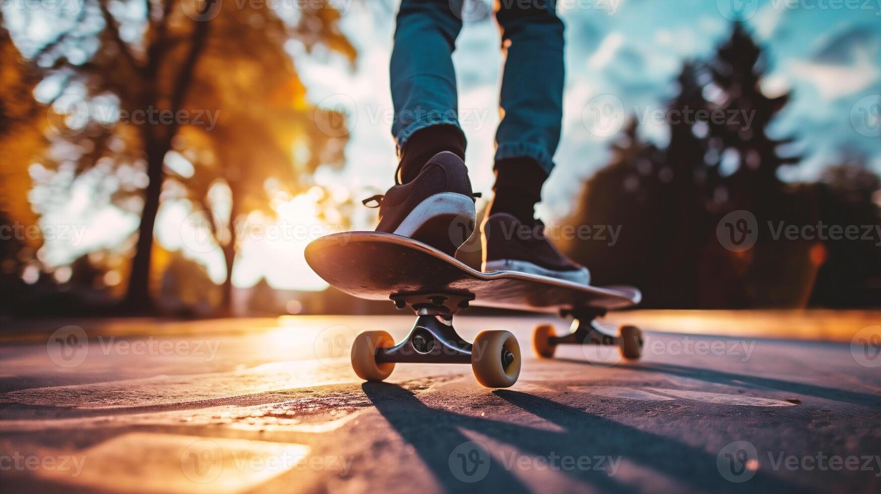 ai generiert Skateboardfahrer Skateboarding beim Skatepark Sonnenuntergang Stadtbild Hintergrund foto