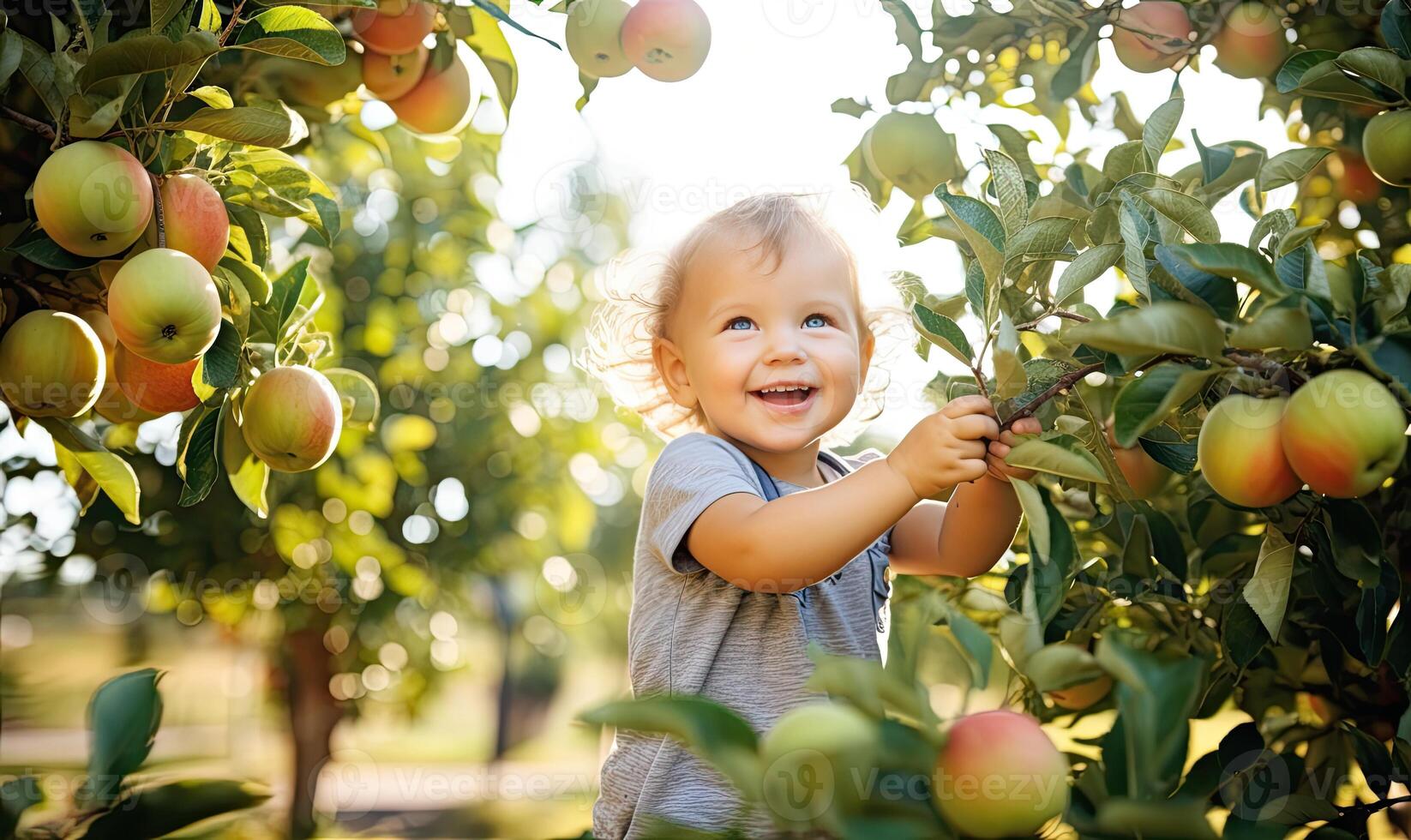 ai generiert wenig Mädchen Ernte frisch Äpfel unterhalb ein blühen Obst Baum foto