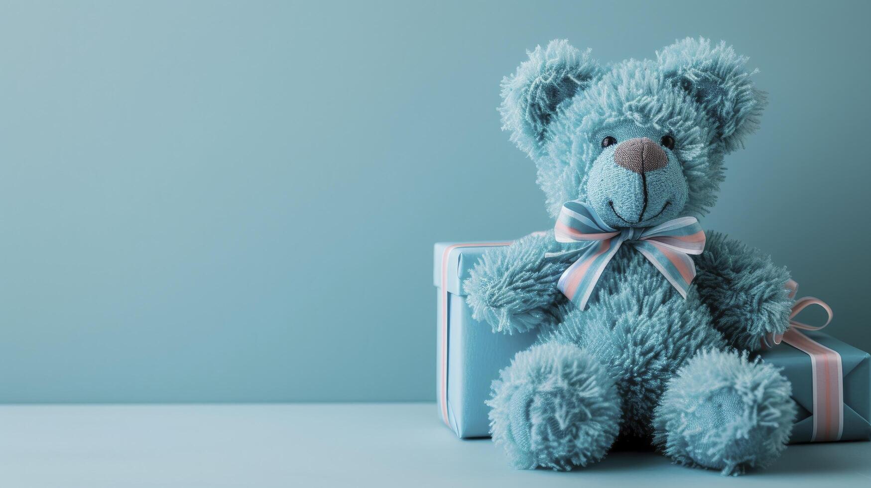 ai generiert ein Teddy Bär halten ein Geschenk Kasten, mit Raum zum Text foto