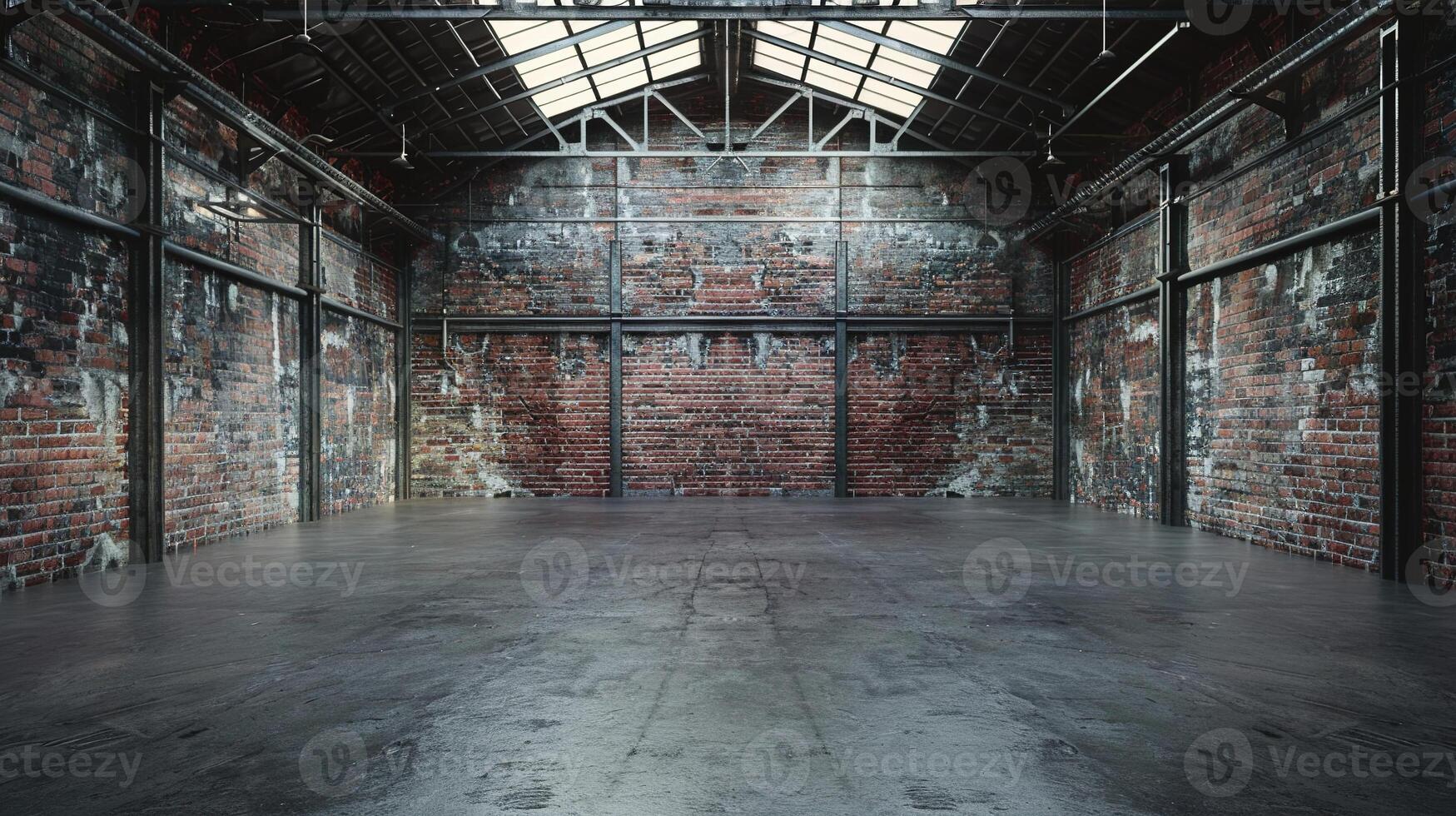 ai generiert leeren alt Warenhaus mit industriell Dachgeschoss Stil. Backstein Wand, Beton Boden, schwarz Stahl Dach foto