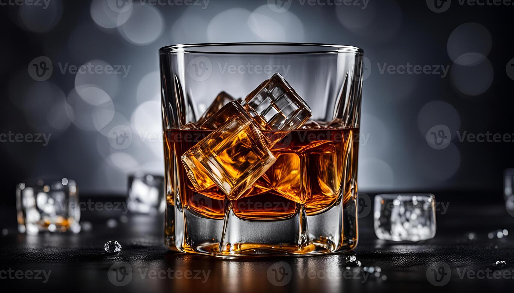 ai generiert Glas von Whiskey mit Eis und Eiche Blätter auf ein dunkel Hintergrund foto