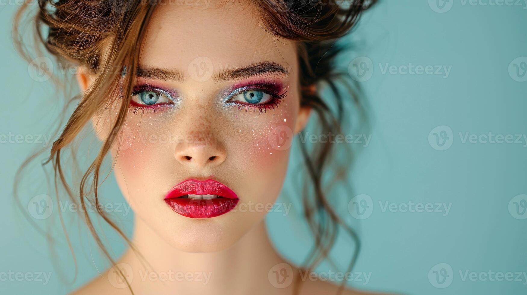 ai generiert Nahaufnahme, ziemlich Gesicht von ein schön Frau mit multi Farben lebendig bilden auf minimal Hintergrund, generativ ai foto