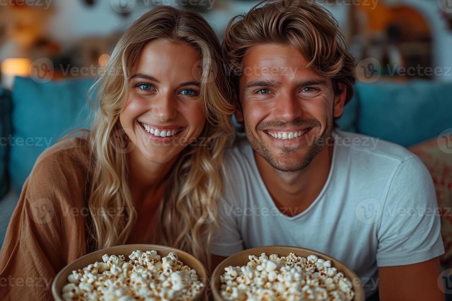 ai generiert Mann und Frau Aufpassen Fernseher, Sitzung auf Sofa im Blau Leben Zimmer, Essen Popcorn foto