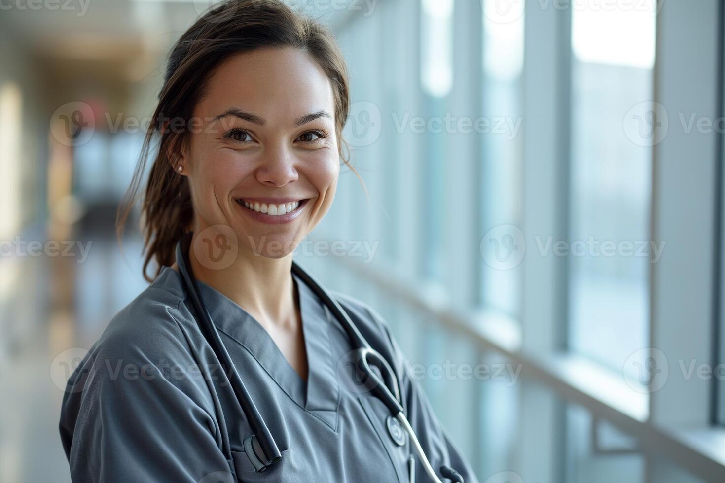 ai generiert Porträt von ein Frau Über 30 Jahre alt im ein grau Krankenschwester Uniform im ein Krankenhaus foto