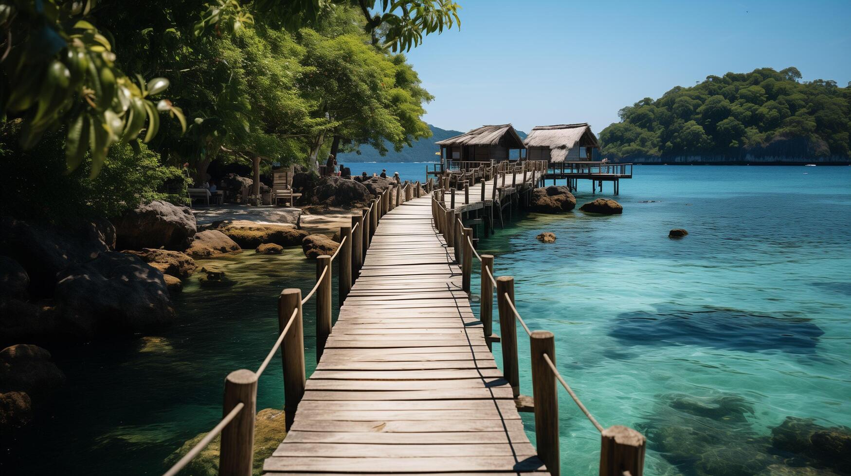 ai generiert entspannend auf Holz Brücke im schön Ziel Insel, phang-nga Bucht, Blau Himmel, Abenteuer Lebensstil Reise Thailand, Tourismus Natur Landschaft Asien, Tourist auf Sommer- Urlaub foto