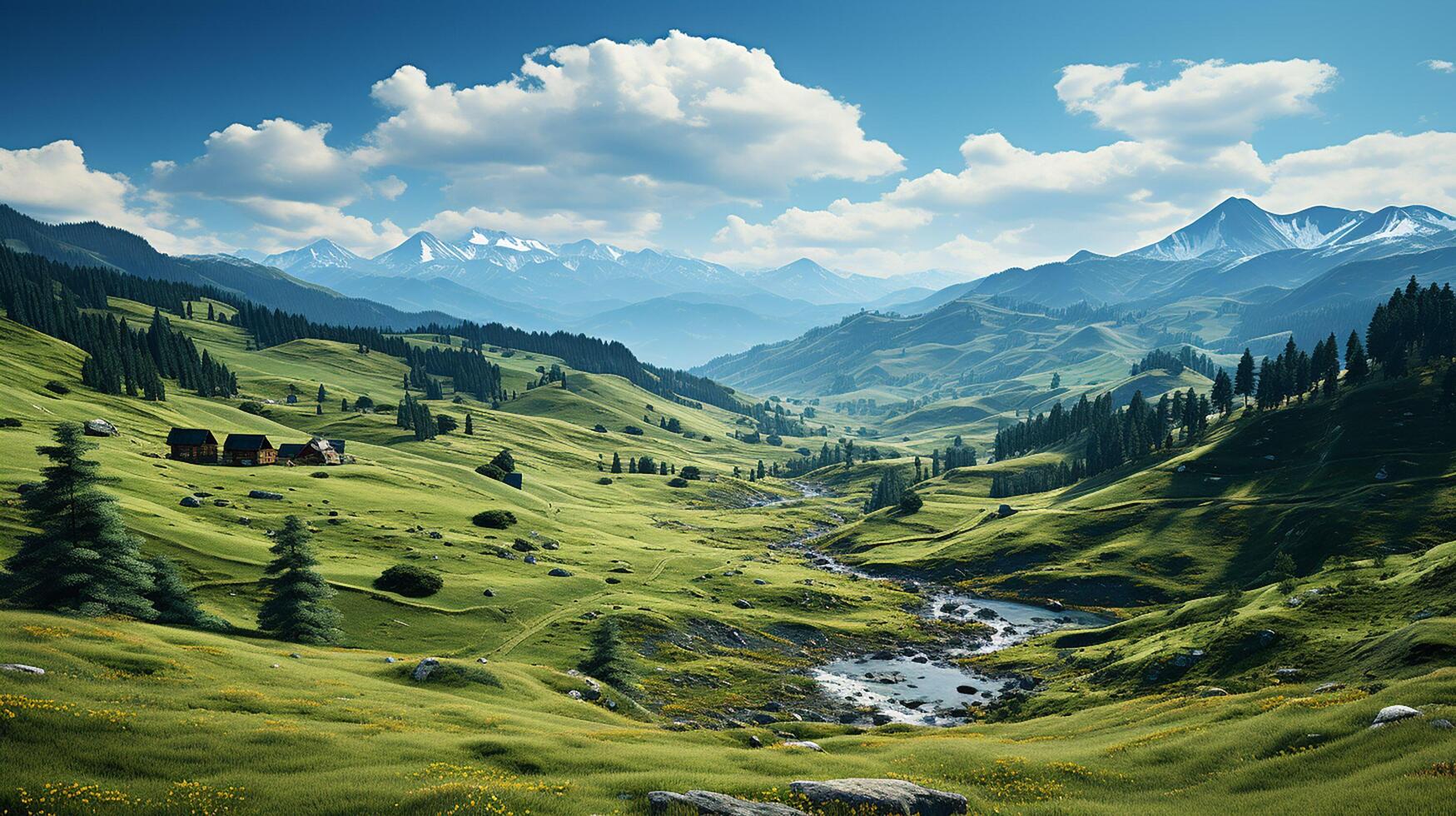 ai generiert szenisch Aussicht von Berg und Gras bedeckt Hügel foto