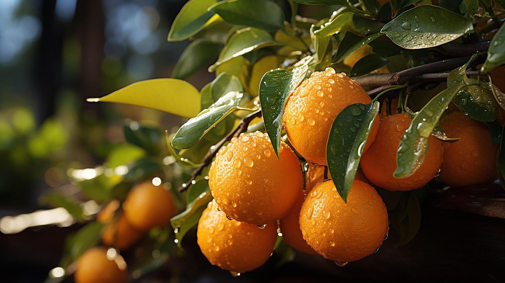 ai generiert das Orangen sind hängend auf ein Baum im das Garten Hintergrund foto