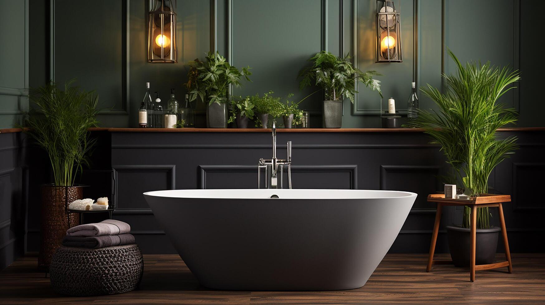 ai generiert Innere von modern Badezimmer mit Grün Wände, hölzern Boden, komfortabel Badewanne und doppelt sinken mit Spiegel foto