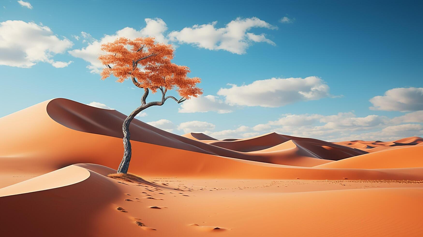 ai generiert schön Landschaft von Wüste Dünen Berge mit hell Wolken Himmel. minimal Natur Hintergrund. foto