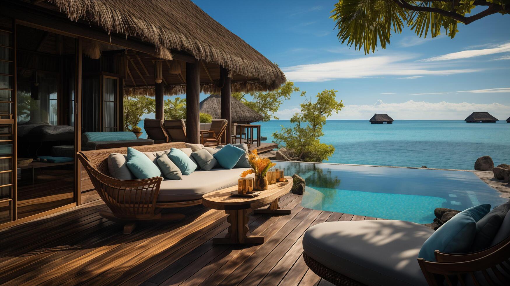 ai generiert Fantastisch Über Wasser Villa, Terrasse Aussicht mit Sonne Betten Stühle unter Regenschirm, Luxus Schwimmbad Hotel mit atemberaubend Ozean Aussicht foto