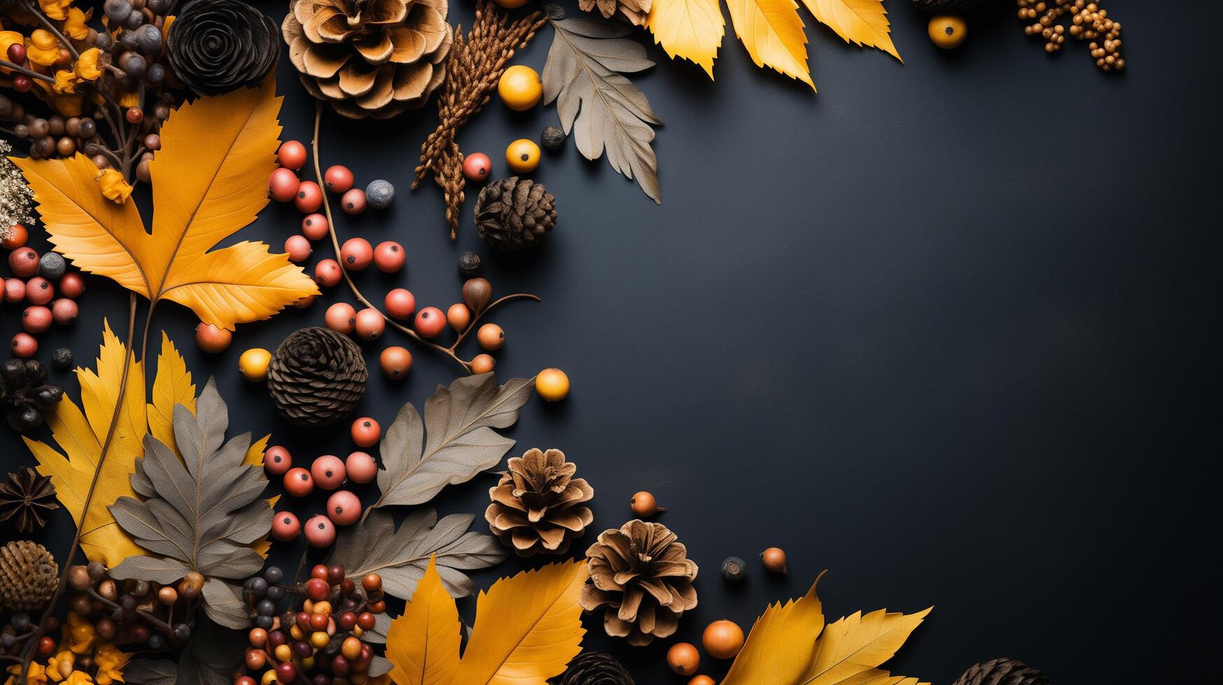 ai generiert Herbst Blätter mit Kiefer Zapfen und Beeren und ein Blatt von Pergament Papier auf ein dunkel grau Hintergrund von über. mit Raum zum Text. foto