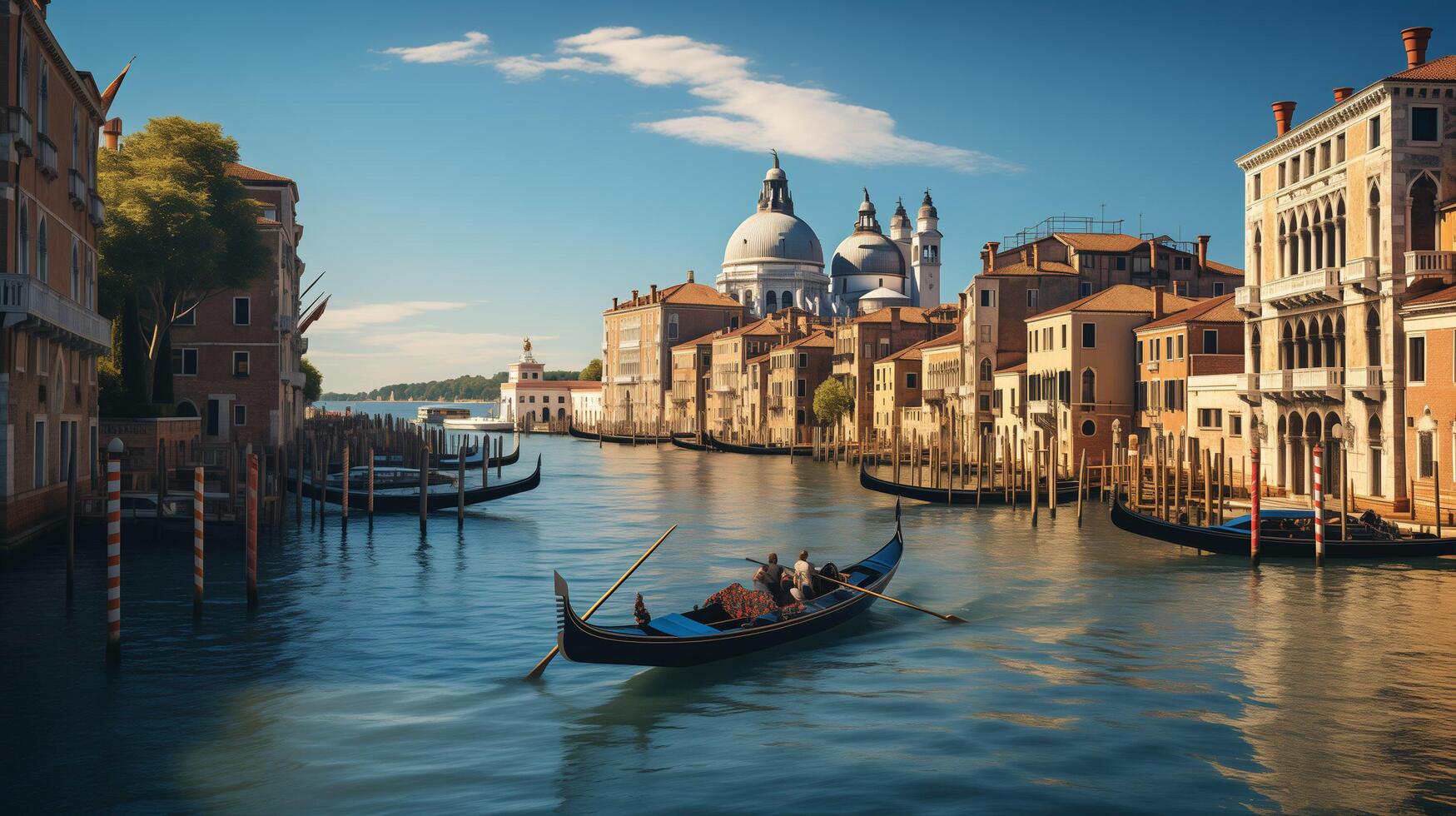 ai generiert traditionell Gondeln im venezianisch Wasser Kanal im Venedig. schön turistisch Ort. Reise. Gondoliere trägt Touristen auf Gondel großartig Kanal von Venedig, Italien foto