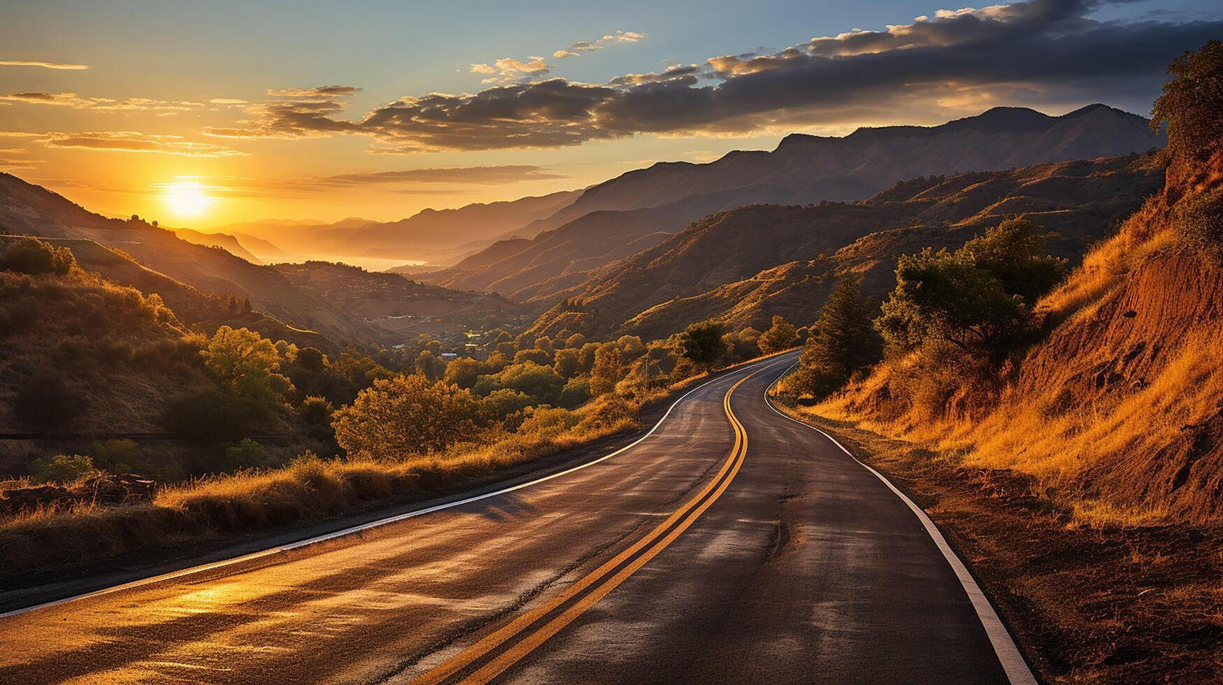 ai generiert szenisch gebogen Autobahn Asphalt Straße mit golden Himmel und Berg im das Sonnenuntergang foto