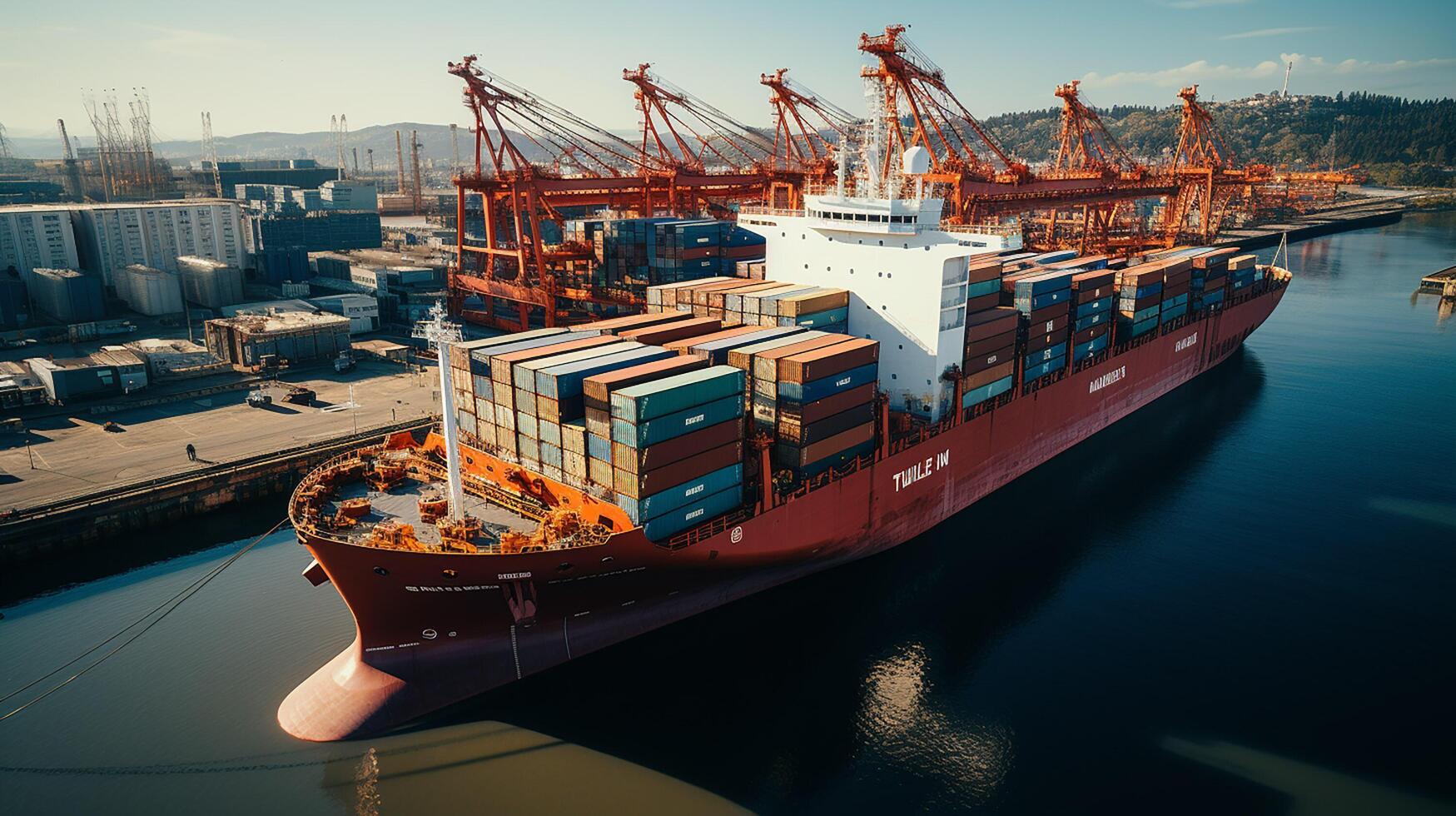 ai generiert Container Ladung Fracht Schiff während Entladen beim industriell Hafen, logistisch importieren Export Hintergrund und Transport Industrie Konzept foto