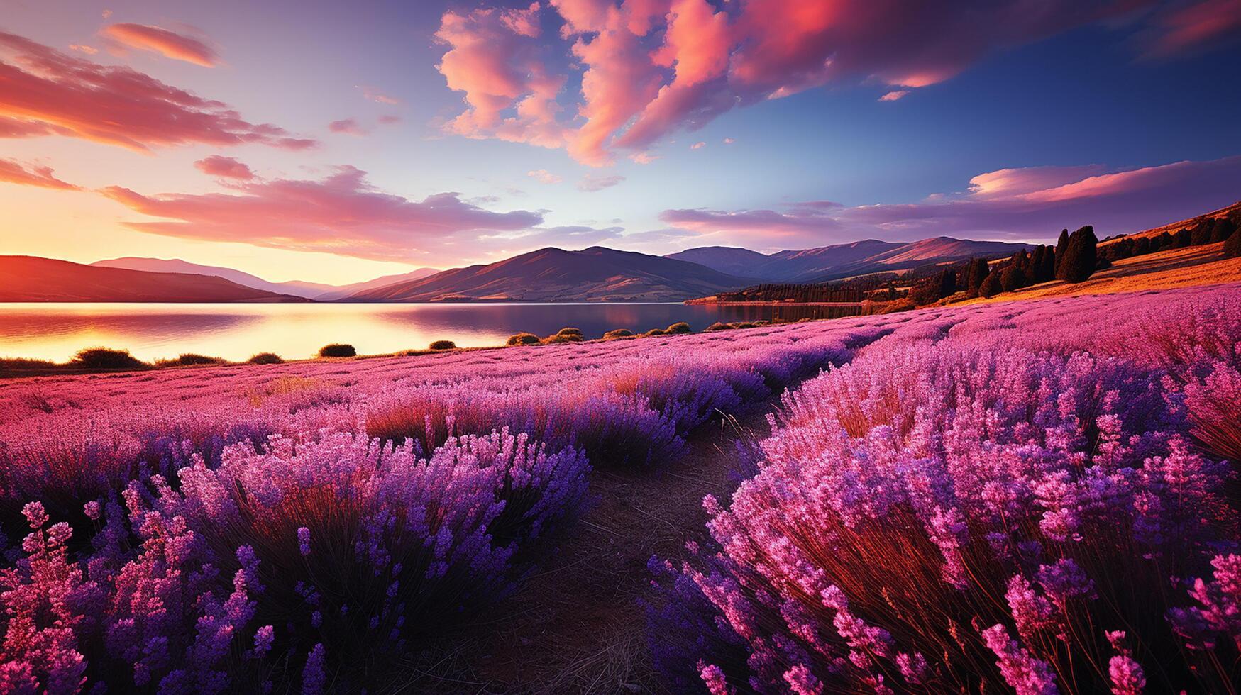 ai generiert wunderbar Landschaft, tolle Sommer- Landschaft von Blühen Lavendel Blumen, friedlich Sonnenuntergang Sicht, Landwirtschaft szenisch. schön Natur Hintergrund foto