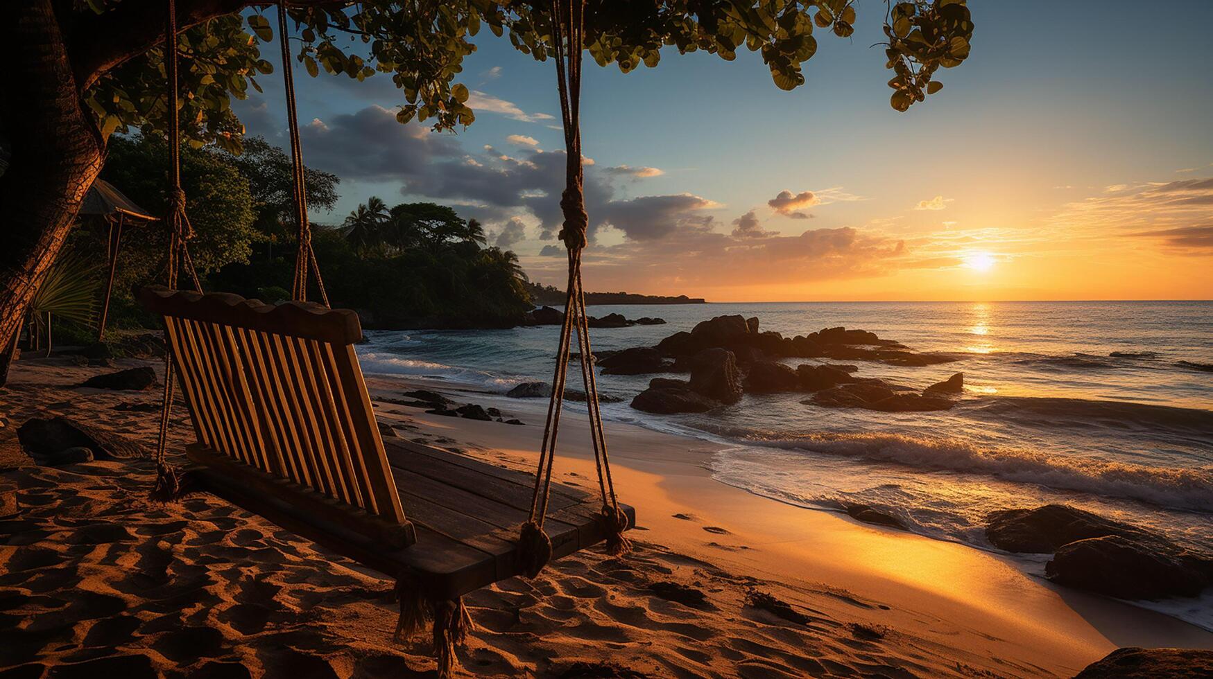 ai generiert Sonnenaufgang, tropisch Strand Paradies wie Sommer- Landschaft mit Strand schwingen oder Hängematte und Weiß Sand, Ruhe Meer heiter Strand. Luxus Strand Ferien Sommer- Urlaub. foto