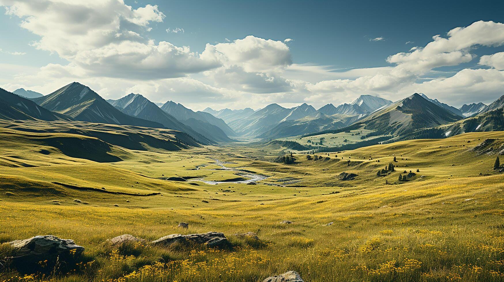 ai generiert szenisch Aussicht von Berg und Gras bedeckt Hügel foto