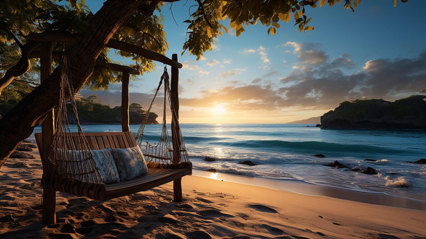 ai generiert Sonnenaufgang, tropisch Strand Paradies wie Sommer- Landschaft mit Strand schwingen oder Hängematte und Weiß Sand, Ruhe Meer heiter Strand. Luxus Strand Ferien Sommer- Urlaub. foto