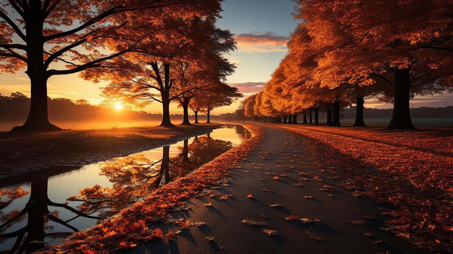 ai generiert tolle Herbst Landschaft. Panorama- Wald Natur. bunt Wald mit Sonne Strahlen Orange golden Blätter Bäume. Traum Fantasie szenisch Weg. schön fallen Park Fußweg foto