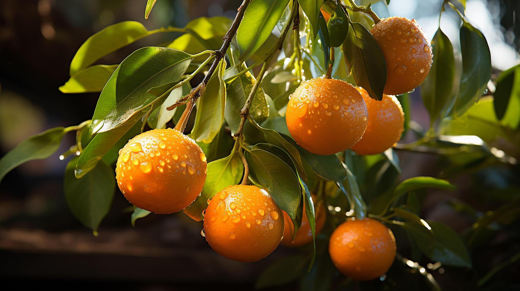 ai generiert das Orangen sind hängend auf ein Baum im das Garten Hintergrund foto