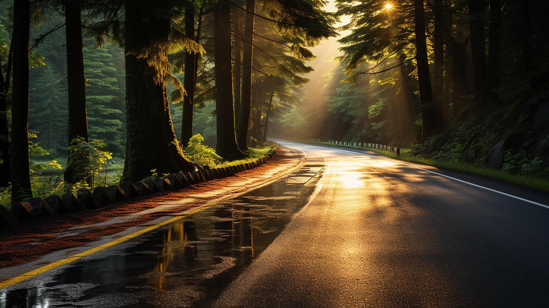 ai generiert szenisch gebogen Autobahn Asphalt Straße mit golden Himmel und Berg im das Sonnenuntergang foto