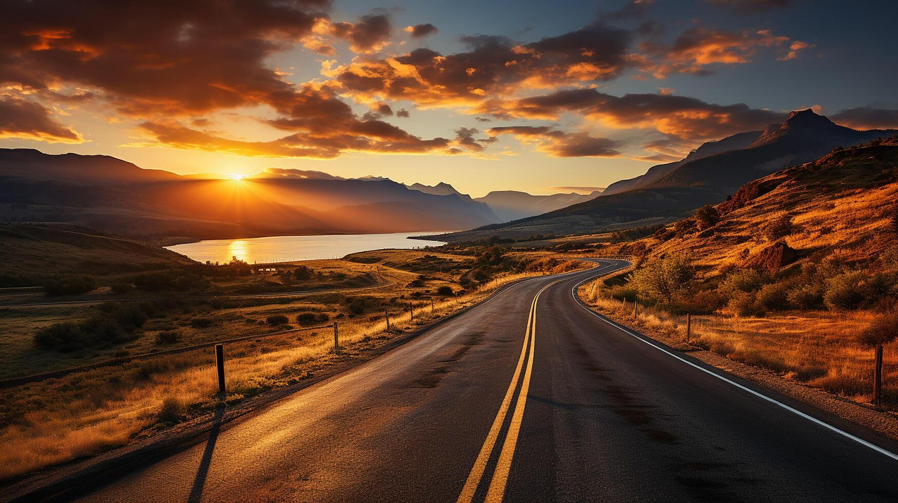 ai generiert szenisch gebogen Autobahn Asphalt Straße mit golden Himmel und Berg im das Sonnenuntergang foto