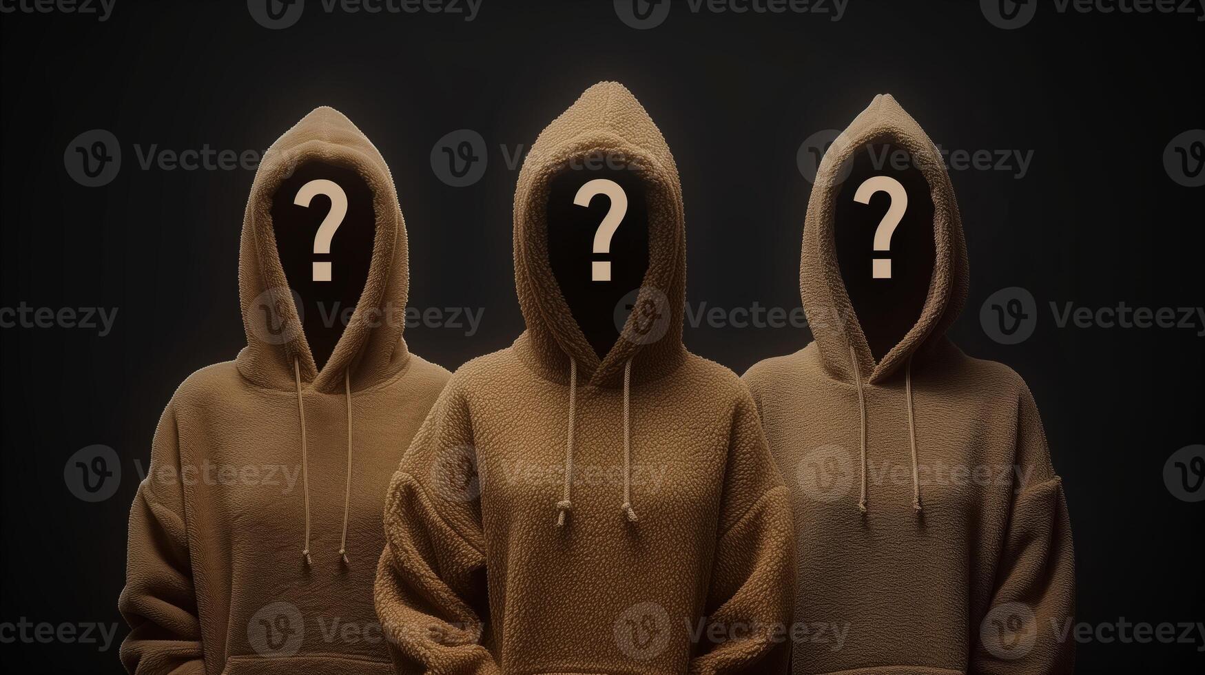 ai generiert drei Geheimnis zahlen im braun Hoodies mit Frage Markierungen foto