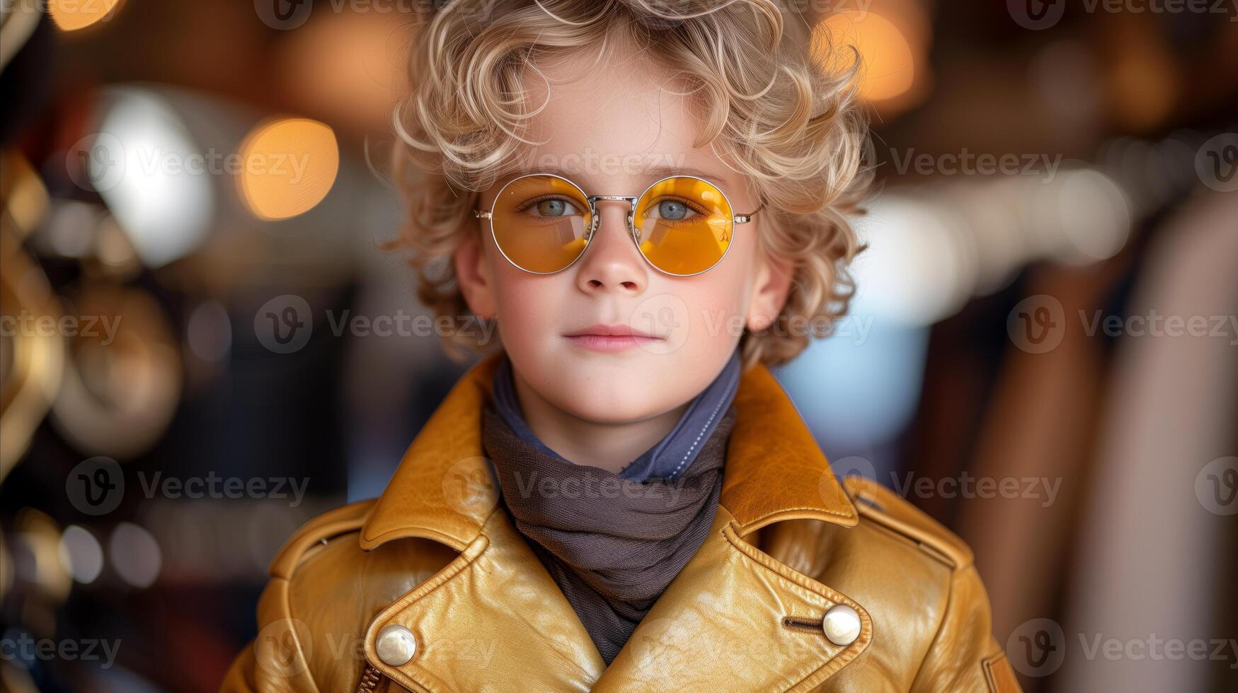 ai generiert modisch Kind im Gelb Leder Jacke und Sonnenbrille foto