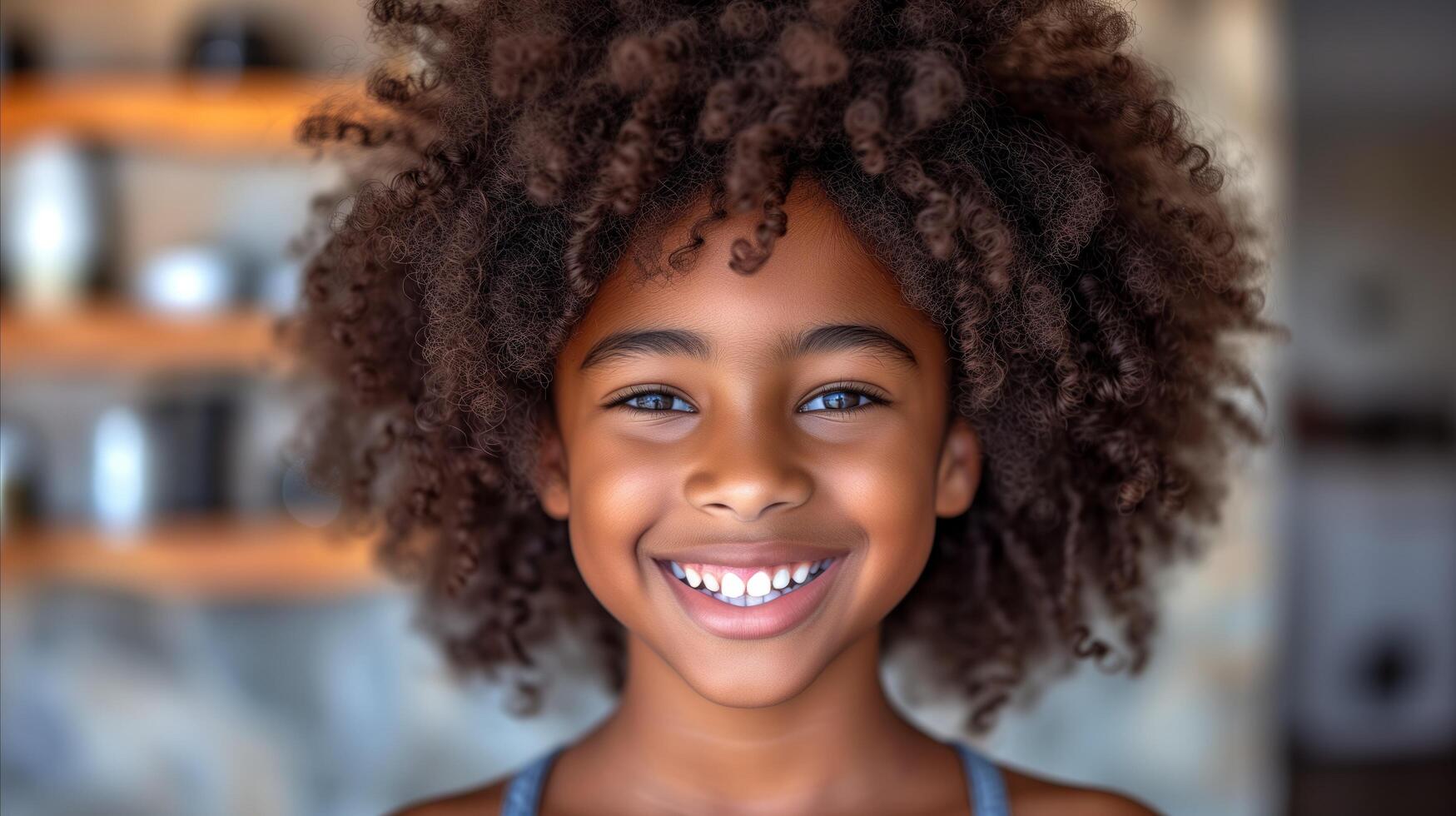 ai generiert Porträt von ein glücklich jung Mädchen mit lockig Haar und ein hell Lächeln foto