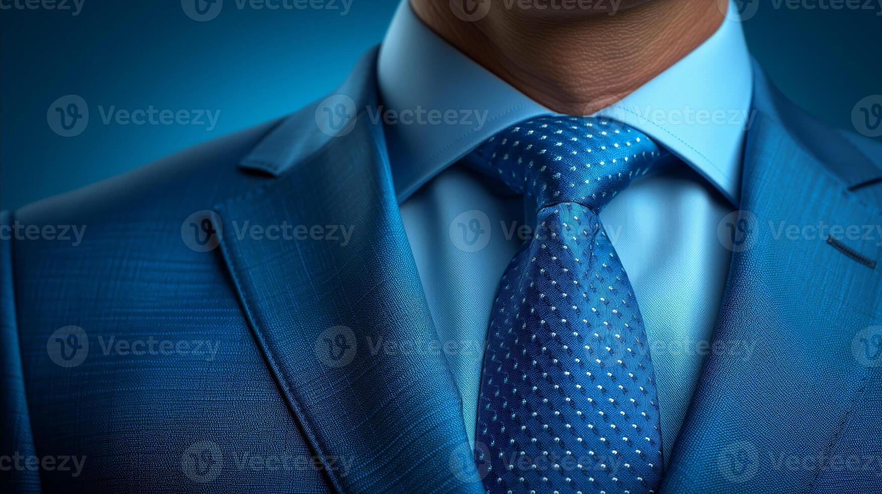ai generiert Nahansicht von ein Mann im ein Blau passen mit ein Polka Punkt Krawatte foto