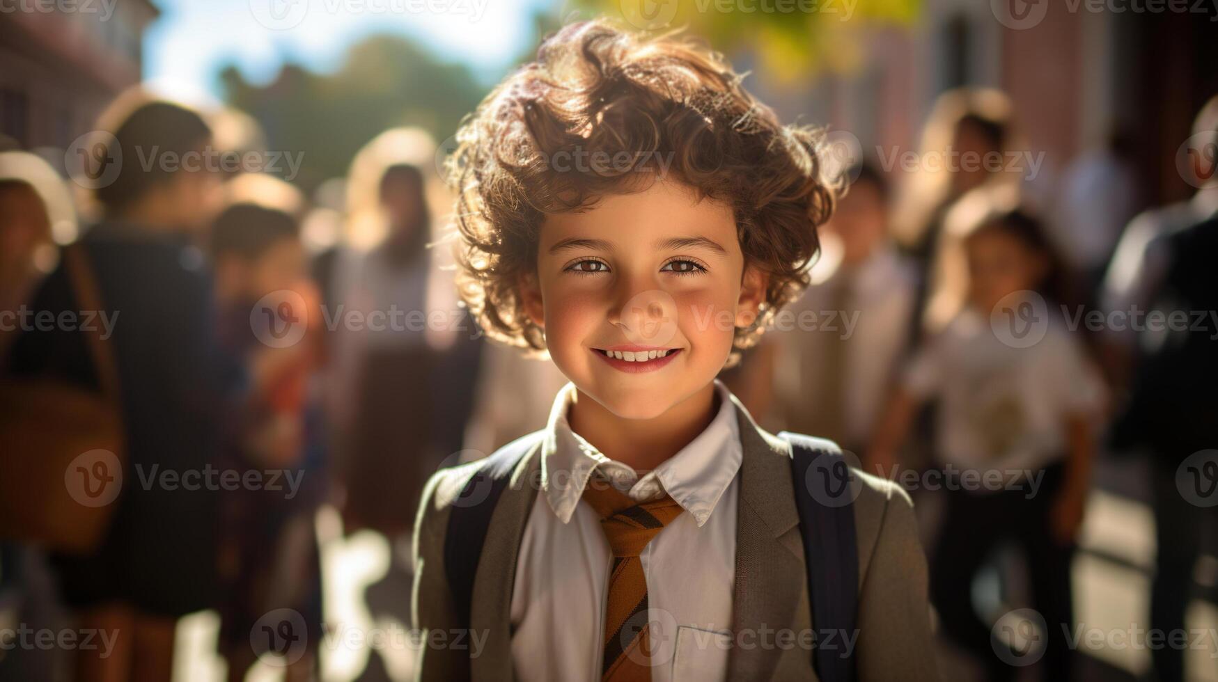 ai generiert komisch wenig Schüler zurück zu Schule, lächelnd gut aussehend lockig Junge mit ein Rucksack auf das Hintergrund von ein Menge von Kinder foto