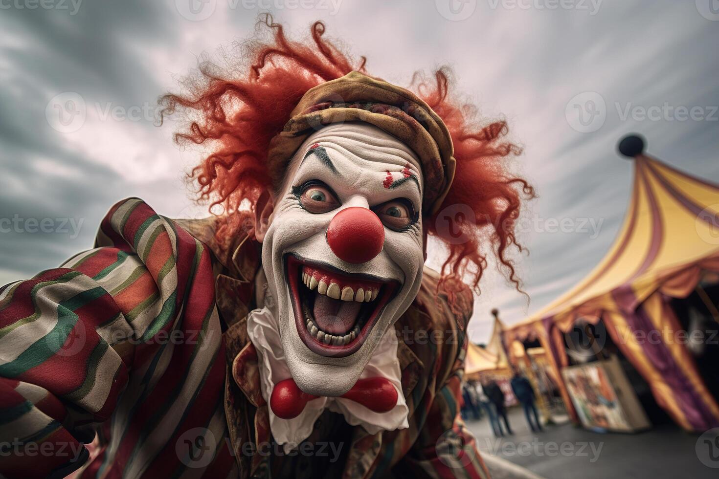 ai generiert verrückt Lachen böse Clown suchen beim Kamera, unheimlich gruselig männlich Künstler mit rot Nase und bilden foto