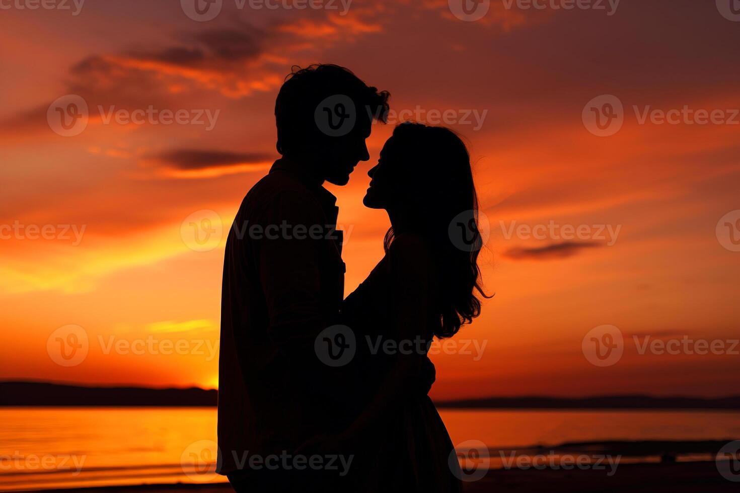 ai generiert Silhouette von liebend umarmen Paar, flirten Mann und Frau zusammen auf das Strand durch das Meer beim Sonnenuntergang, Seite Aussicht foto