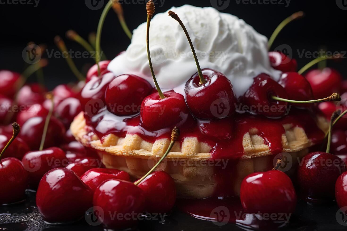 ai generiert Nahansicht Dessert Kuchen mit Creme, Kirschen und Sirup auf das Tabelle foto