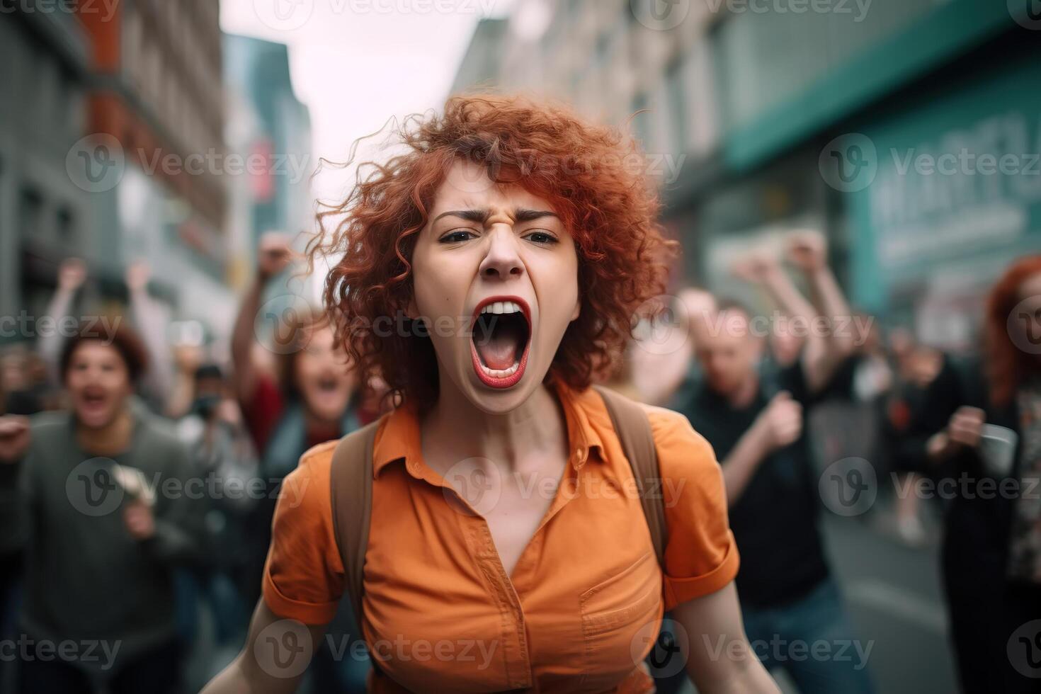 ai generiert Sozial Probleme, Rallye, Schüler Streik Konzept. protestieren Menge von jung Menschen Aktivisten draußen, schreiend Frau mit Rucksack auf Straße foto