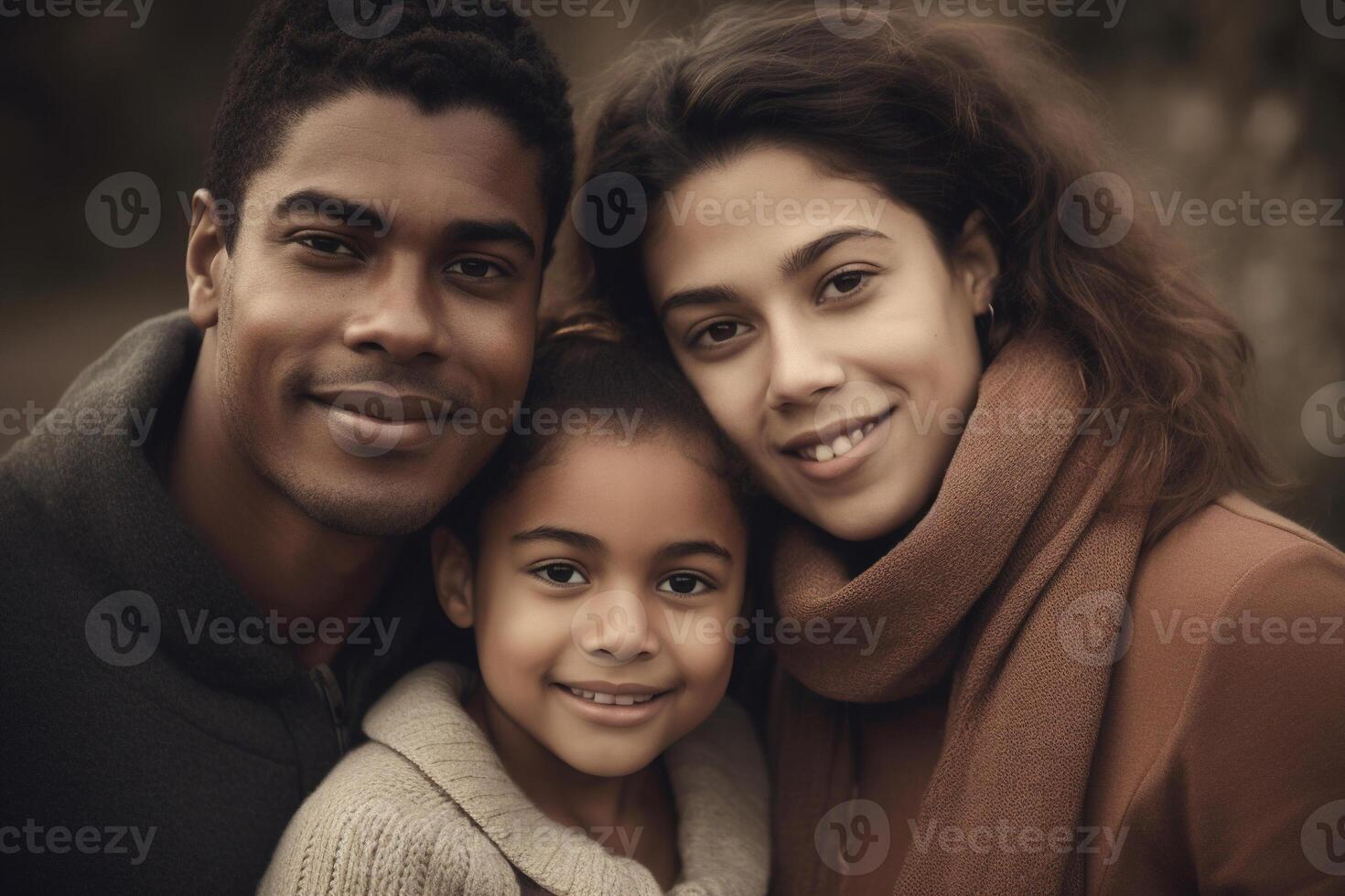 ai generiert schön glücklich liebend Familie, Porträt von lächelnd Papa und Mama mit Tochter draußen foto