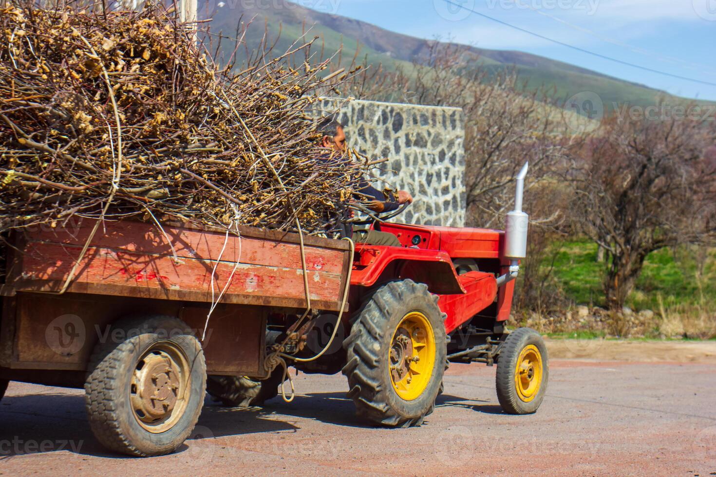 das Dorfbewohner fährt ein rot Traktor, rot Traktor mit geladen Stöcke foto