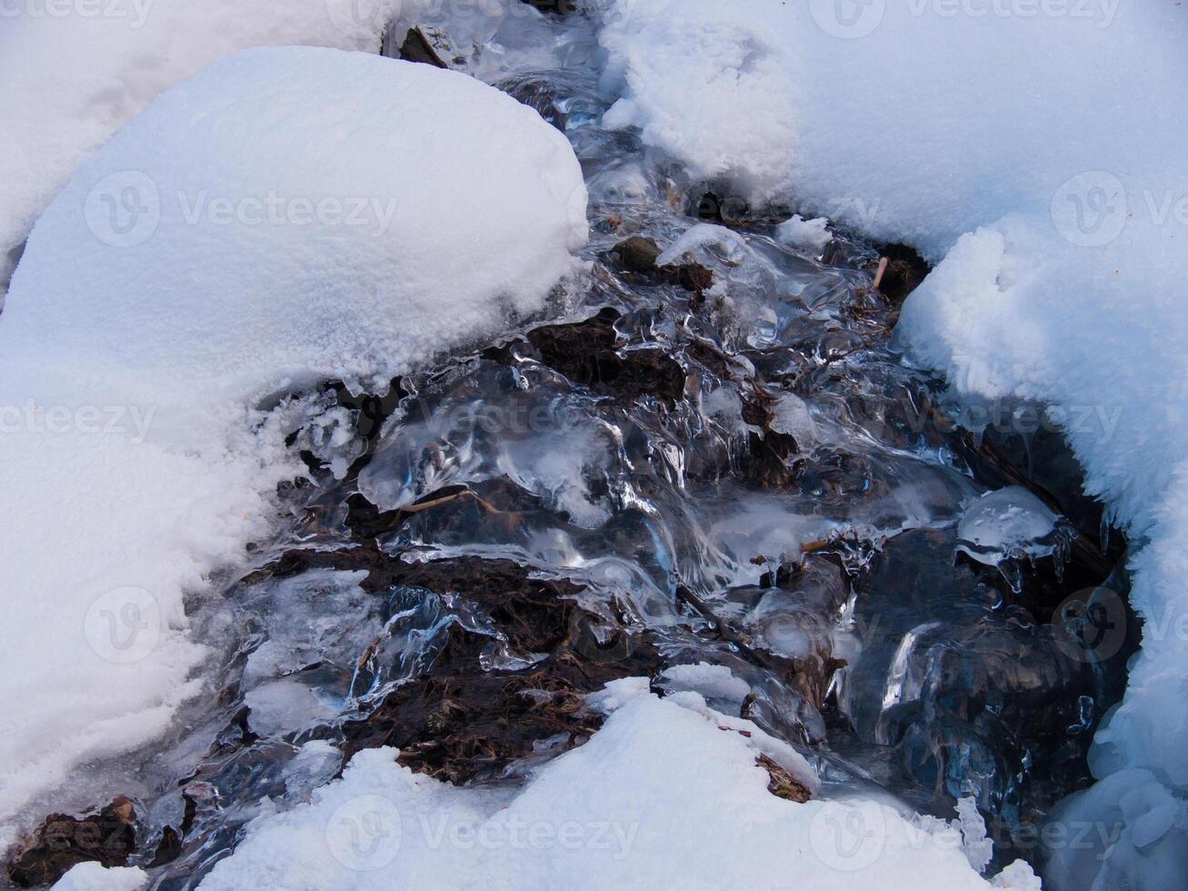 ein Strom von Wasser Laufen durch das Schnee foto