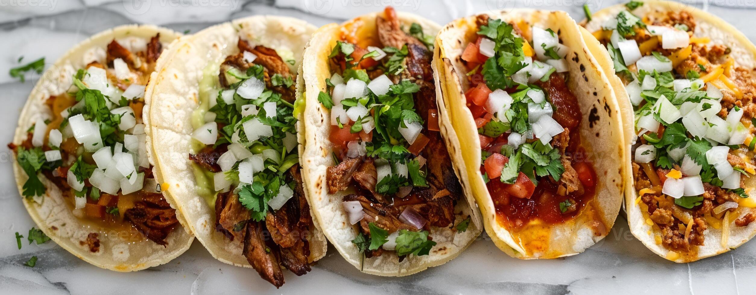 ai generiert Tacos al Pastor vereinbart worden auf Marmor Tisch, traditionell Mexikaner Essen Bild foto