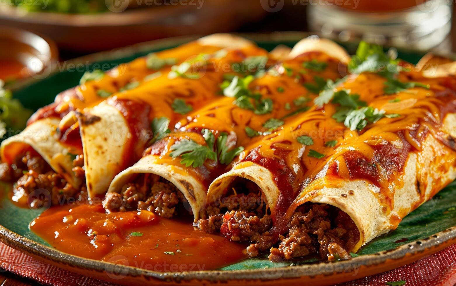 ai generiert ein Teller von köstlich Enchiladas mit Taco Soße, bunt Mexikaner Essen Foto