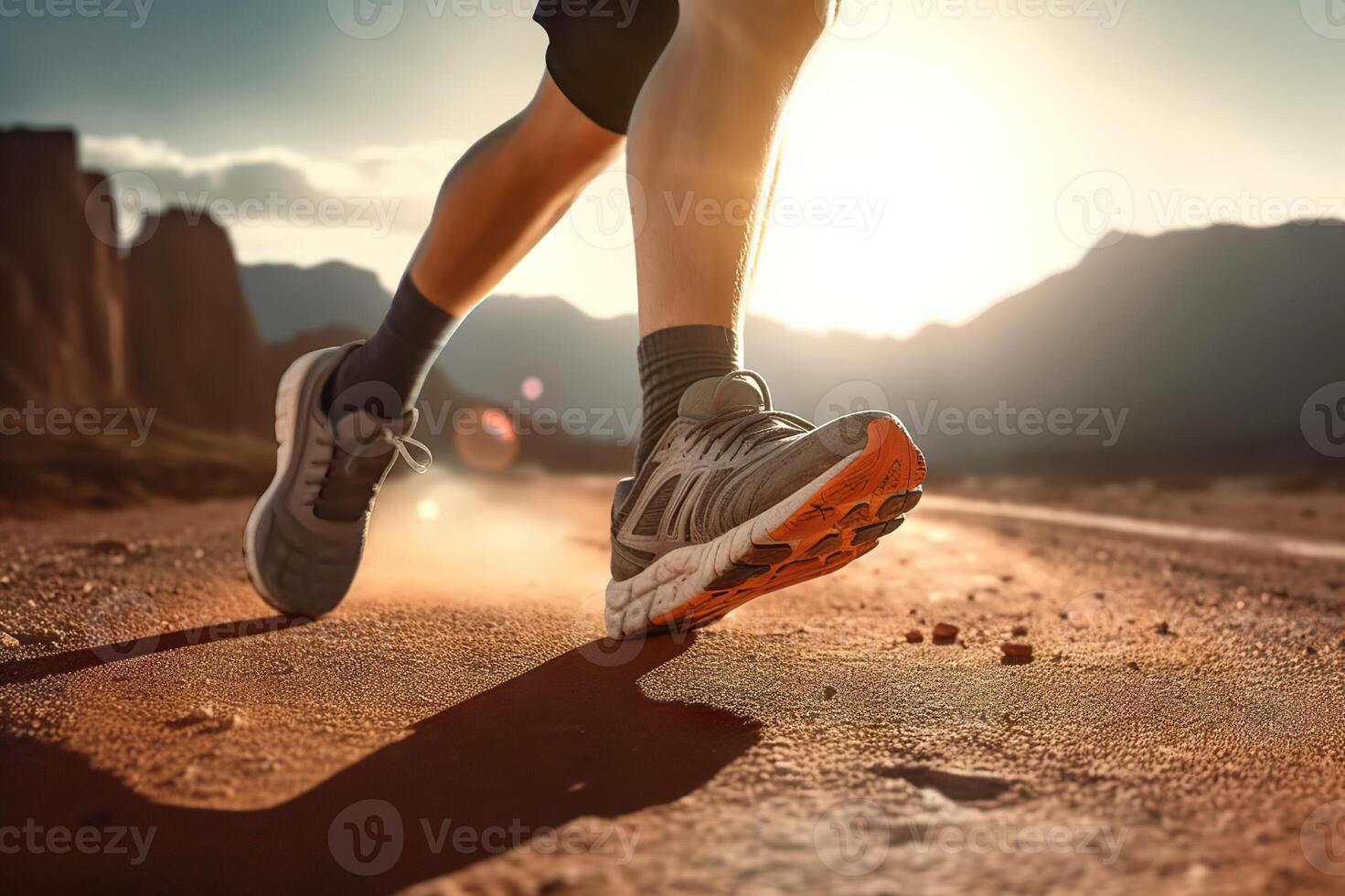 ai generiert schreiten von Meister Läufer Sportler Füße Umarmen Sonnenlicht, Ausbildung zum Sieg mit ein Selbstherausforderung Thema. erstellt mit generativ ai foto