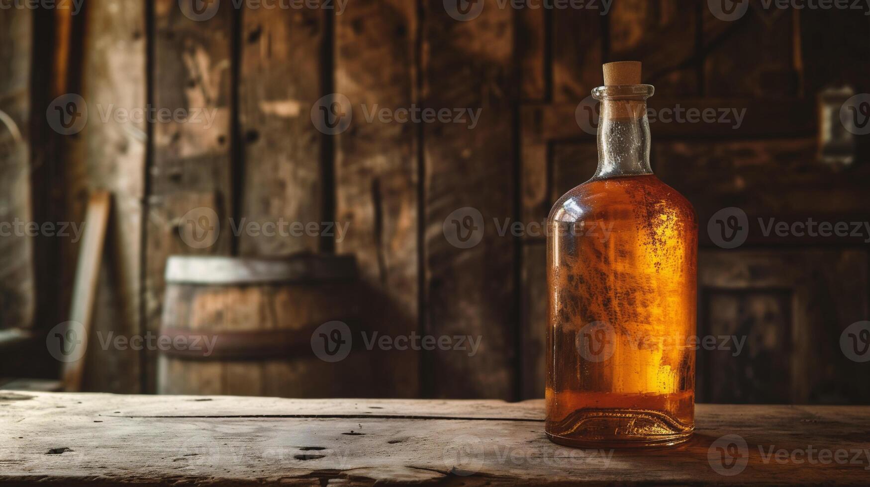 ai generiert Jahrgang Flasche auf hölzern Tabelle foto